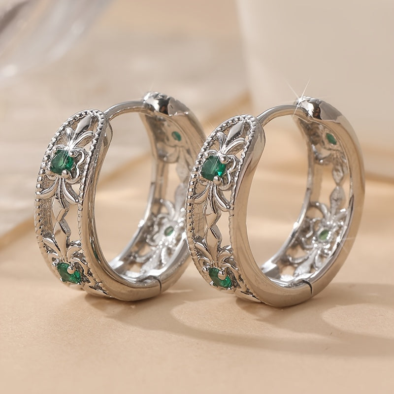 Vintage Retro Hollowed Carved Design Green Zirconia Earring