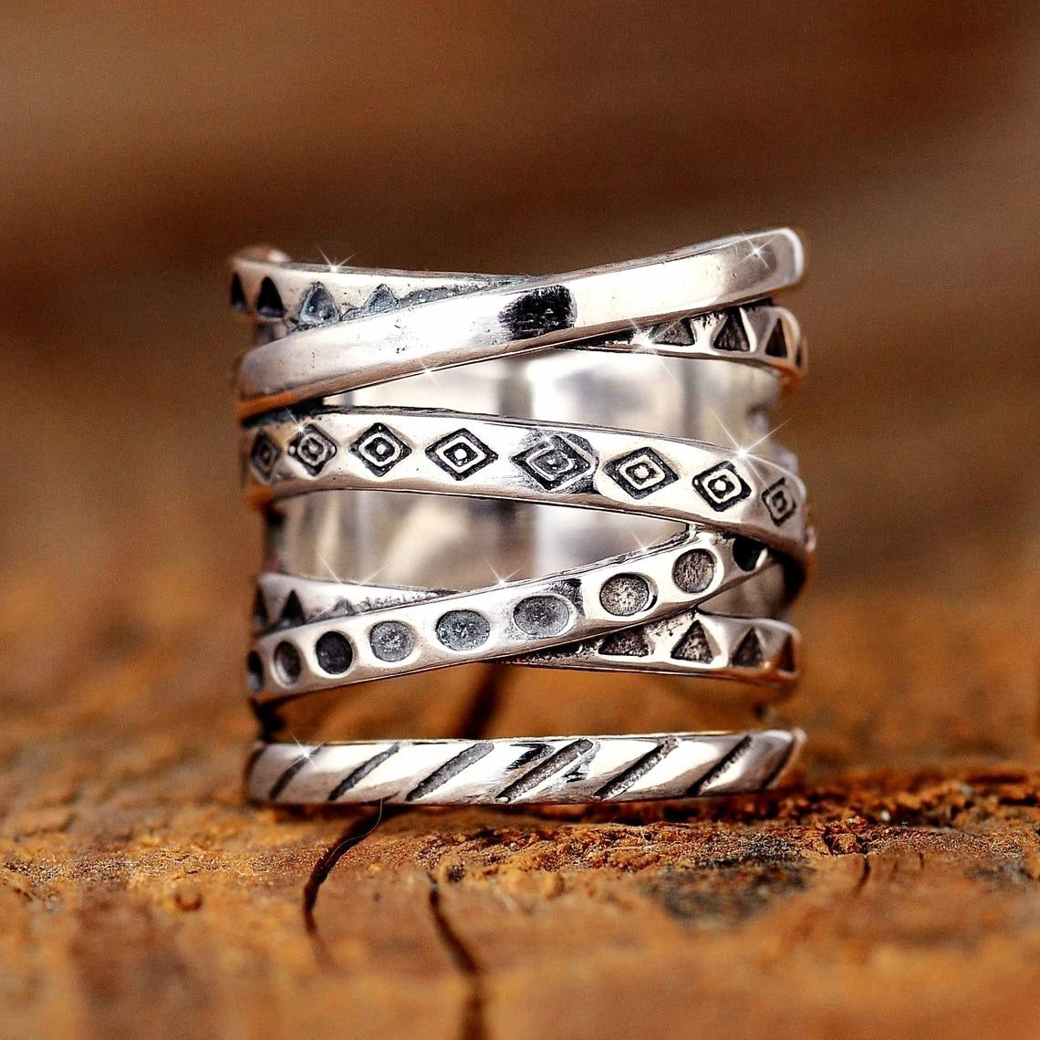 Vintage Multilayer Geometric Pattern Wide Ring