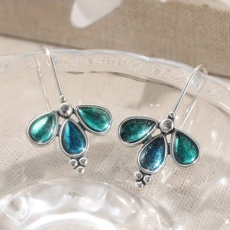Vintage Blue Enamel Floral Silver Plated Artisan Earrings