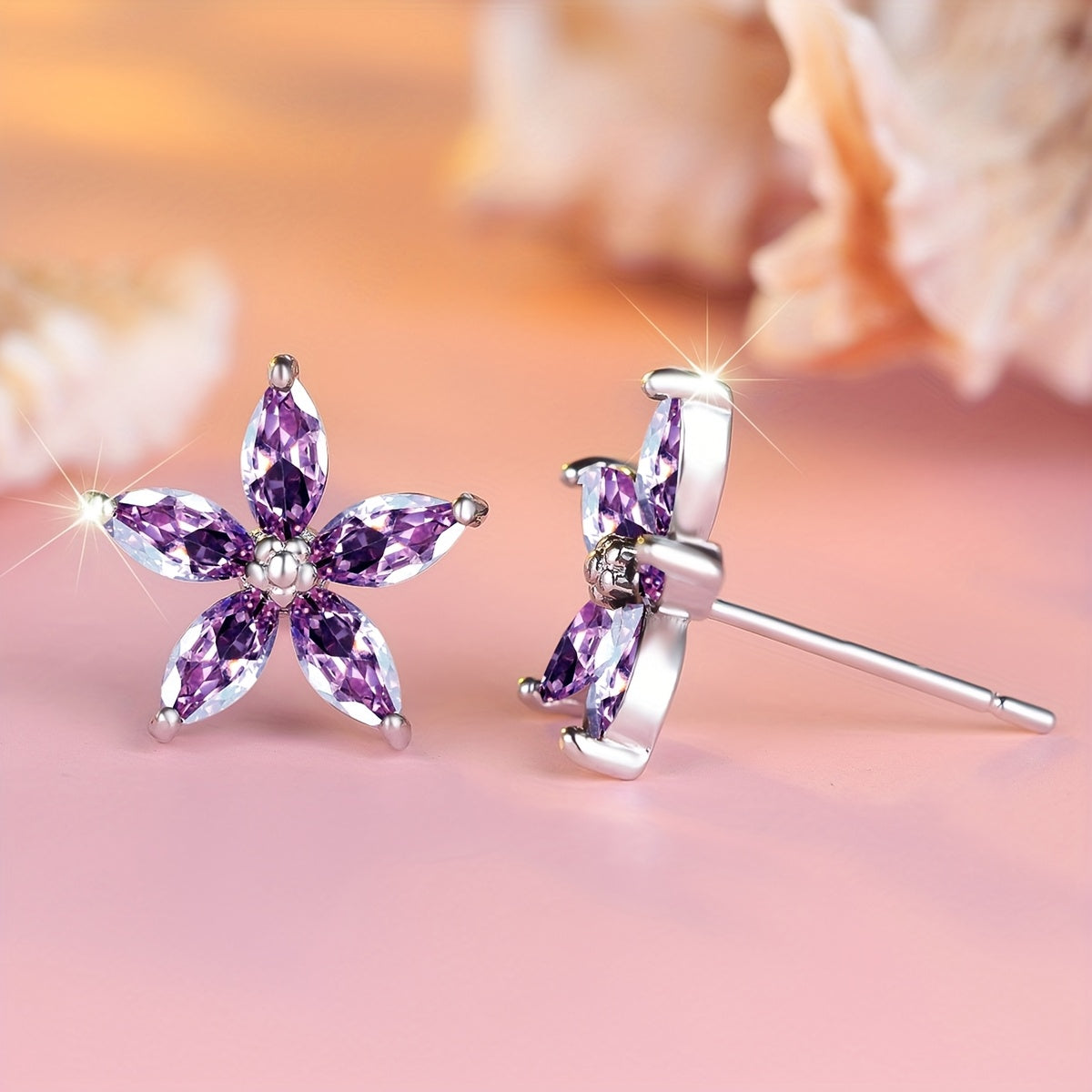 Elegant Purple Zirconia Flower Stud Earrings