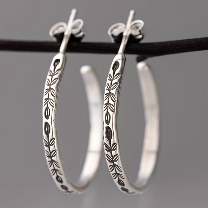 Vintage Botanical Bloom Engraved Silver Hoop Earrings