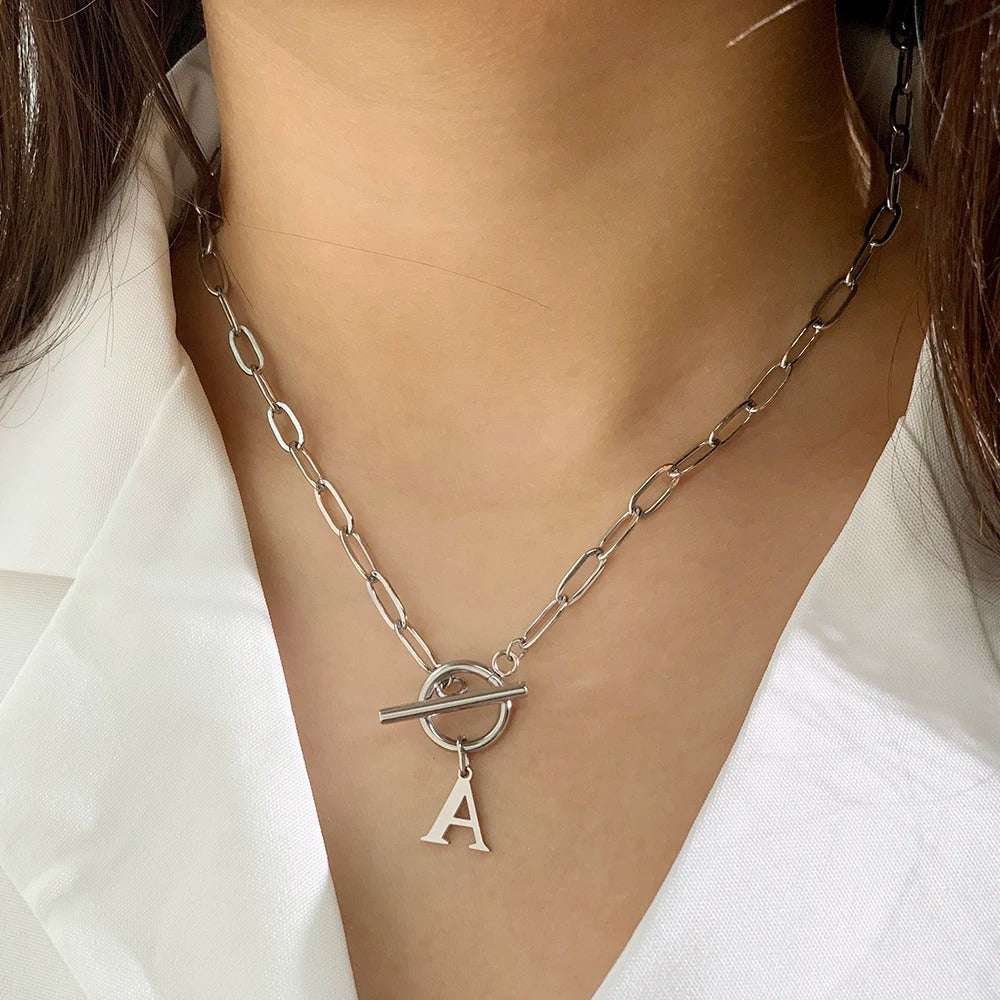 Paperclip Initial Necklace with Circle Toggle Clasp