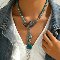 Vintage Bohemian Style Turquoise Beads Leaf Pendant Necklace