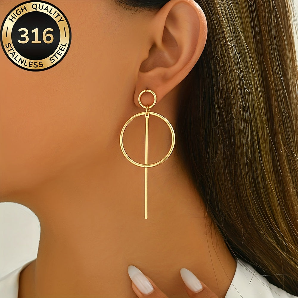 Modern Linear Style Gold Plated Circle Drop Earrings