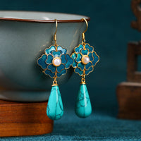 Elegant Vintage Turquoise Floral Design & Pearl Drop Earrings