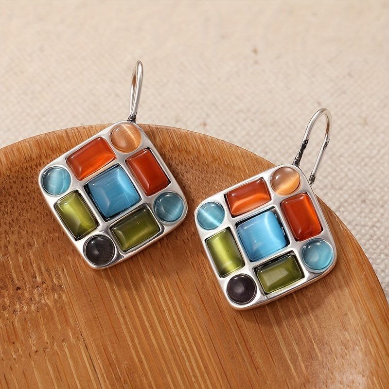 Vintage Geometric Multicolor Stone Drop Earrings