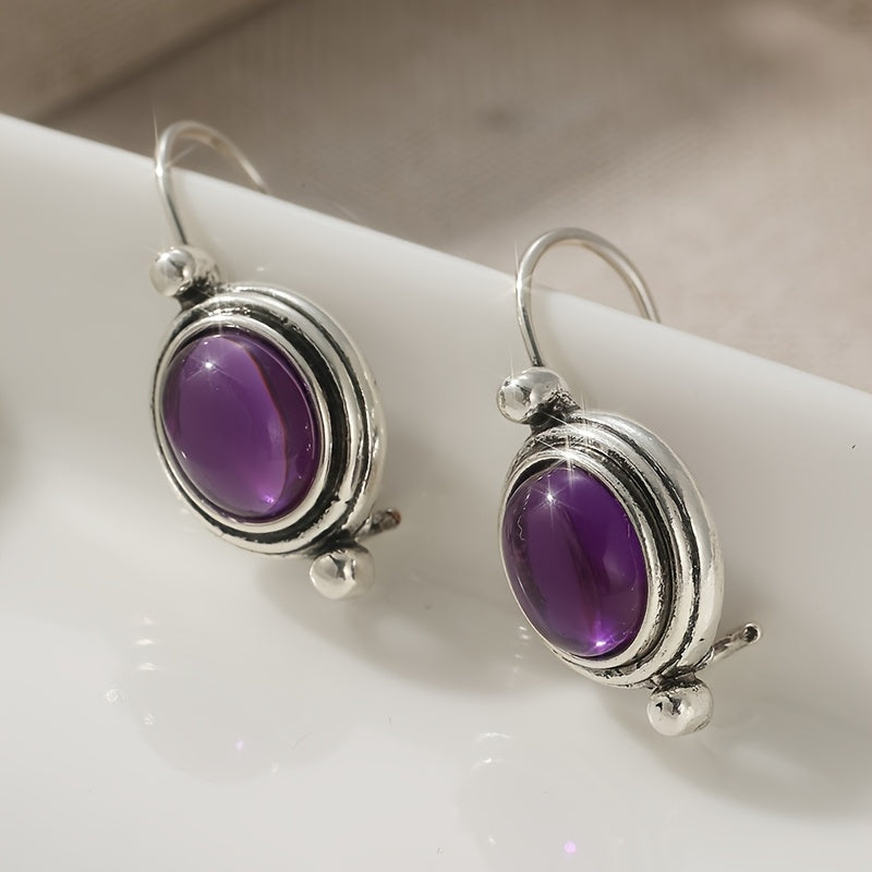 Vintage Boho Purple Gemstone Silver Plated Drop Earrings