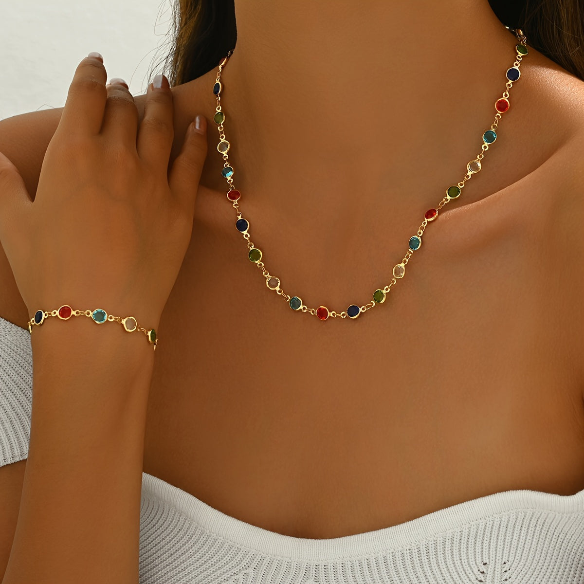 Multicolor Crystal Chain Necklace & Bracelet Jewelry Set