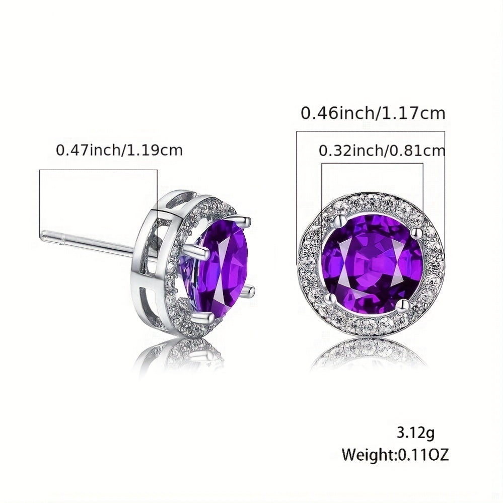 Retro Style Round Cubic Purple Zirconia Stud Earrings