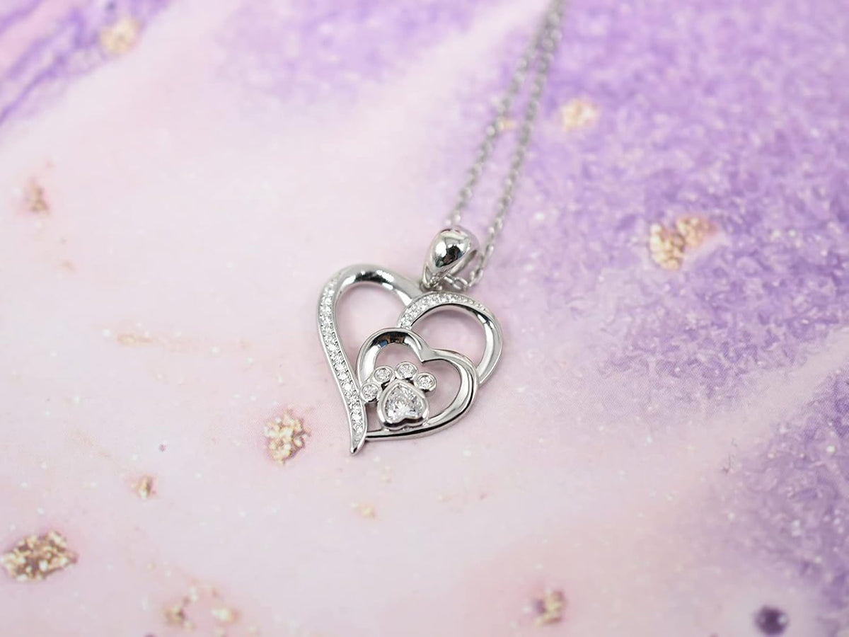 Silver necklace with paw and heart with cubic zirconia