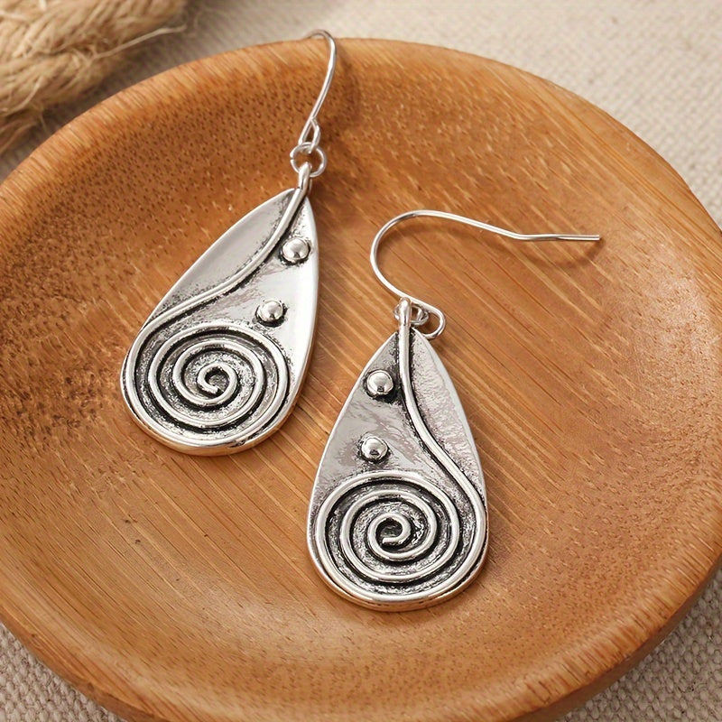 Vintage Spiral Teardrop Primitive Sun Silver Plated Earrings