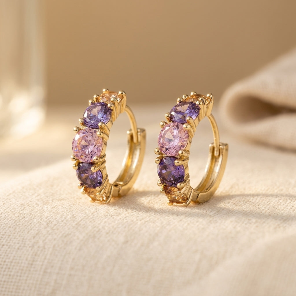 Luxury Pink Purple Cubic Zirconia Gold Hoop Earrings