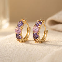 Luxury Pink Purple Cubic Zirconia Gold Hoop Earrings