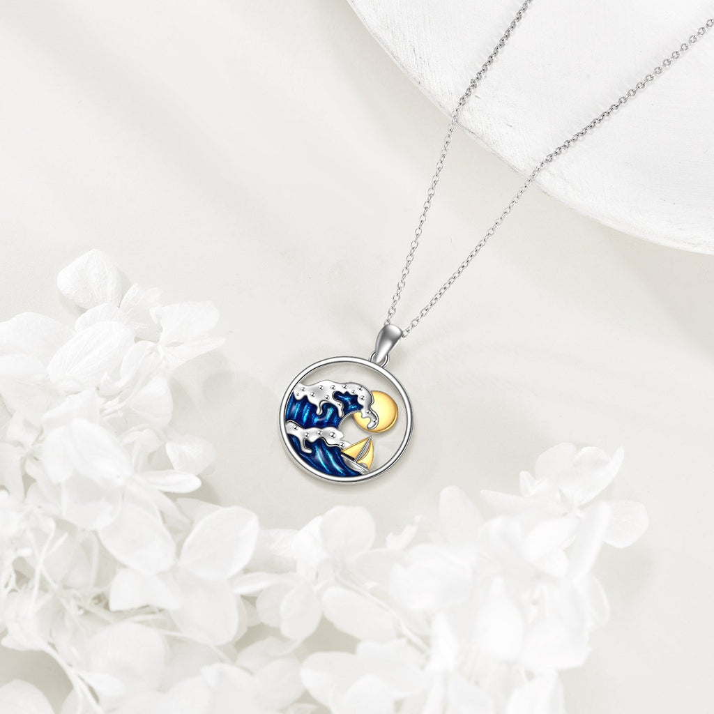 Ocean Wave Sun & Sailboat Pendant Necklace