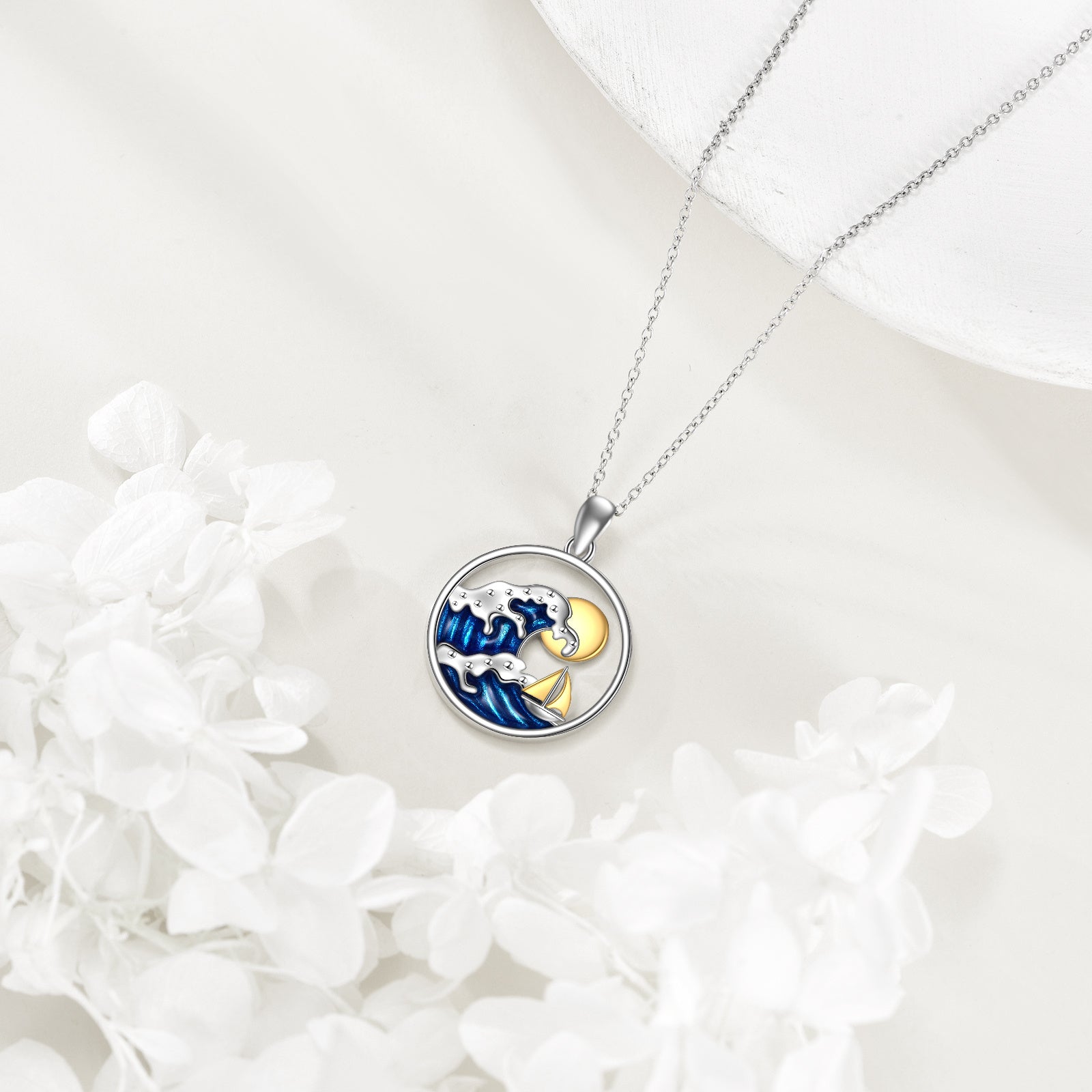 Ocean Wave Sun & Sailboat Pendant Necklace