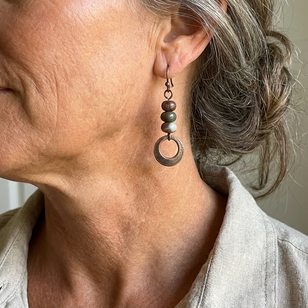 Rustic Stone Bead Hoop Drop Earrings