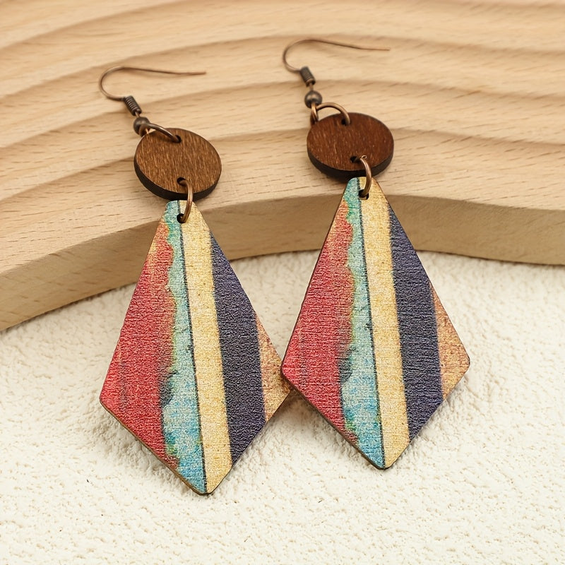 Bohemian Style Striped Wooden Inlay Drop Earrings