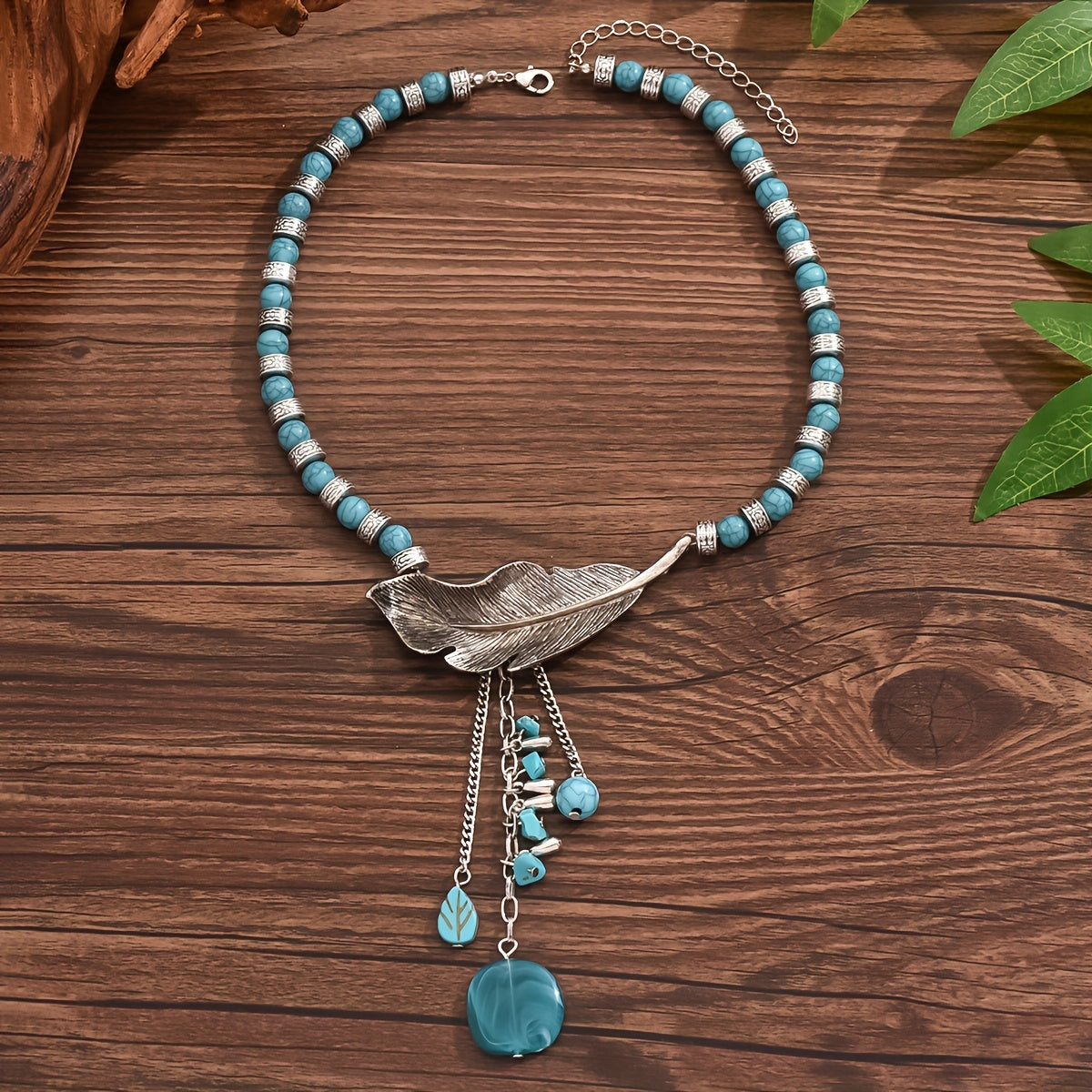 Vintage Bohemian Style Turquoise Beads Leaf Pendant Necklace