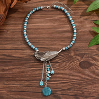 Vintage Bohemian Style Turquoise Beads Leaf Pendant Necklace
