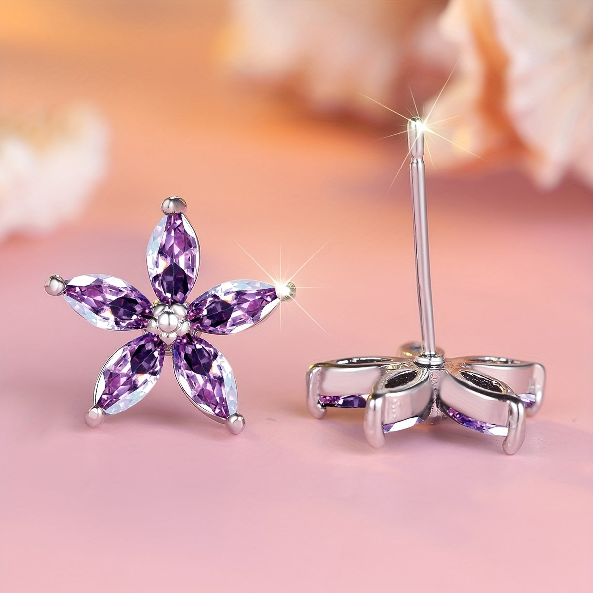 Elegant Purple Zirconia Flower Stud Earrings