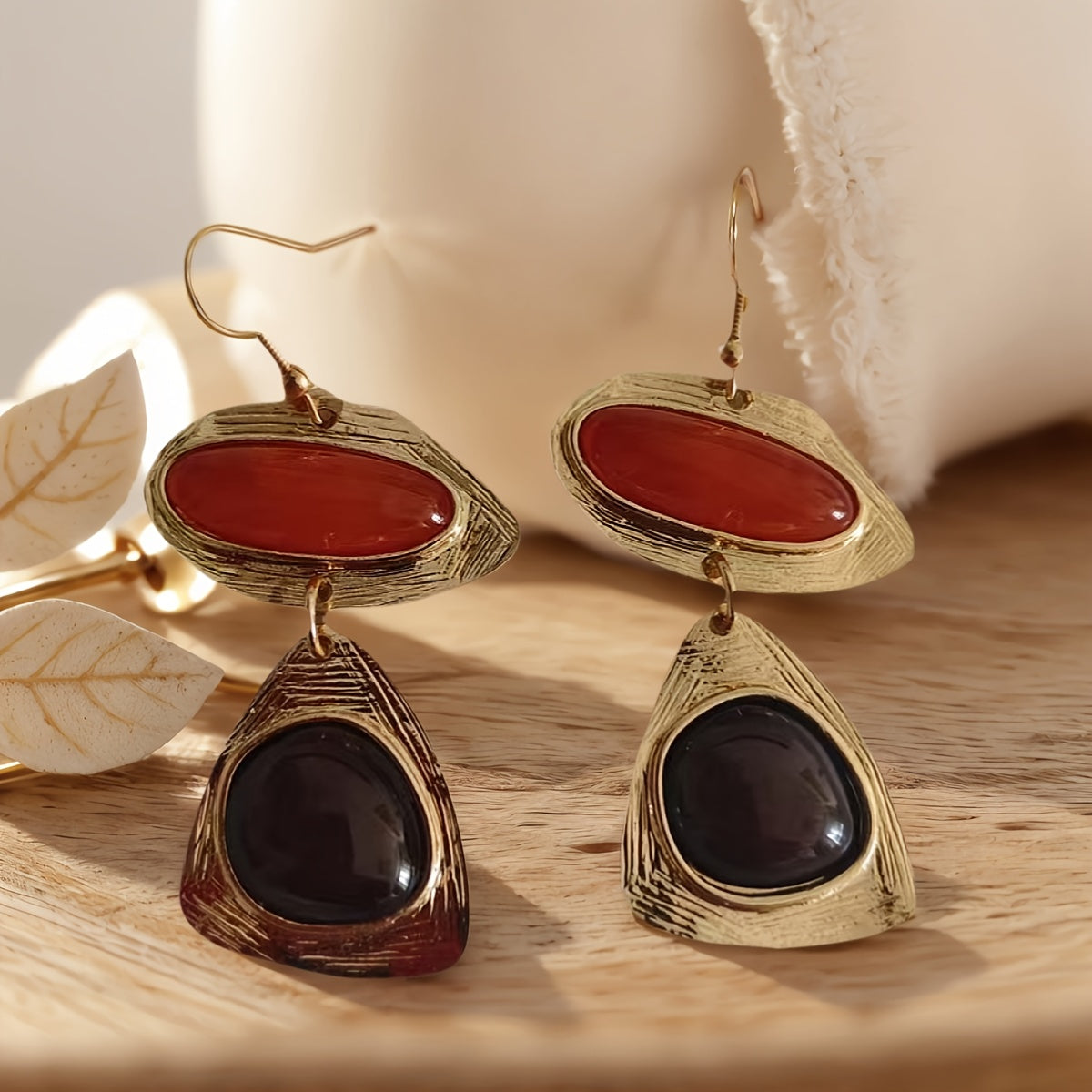 Vintage Red & Black Resin Gold Plated Drop Earrings