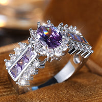 Vintage Boho Silver Purple Oval Zirconia Stone Rings