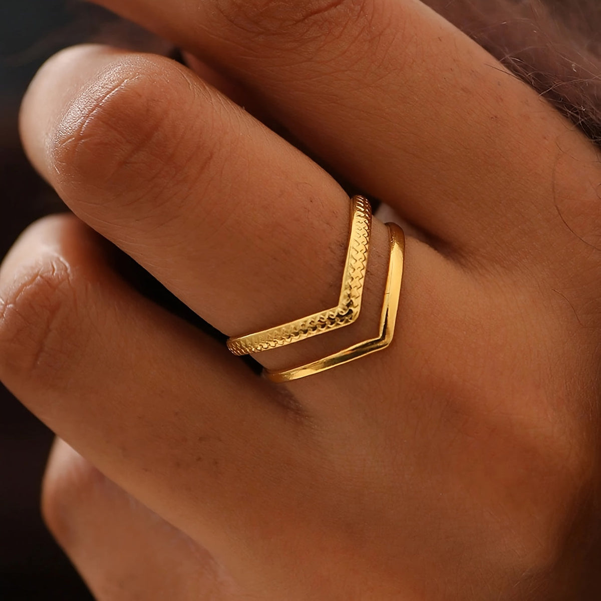 Double-Layer Gold V-Shaped Adjustable Statement Ring