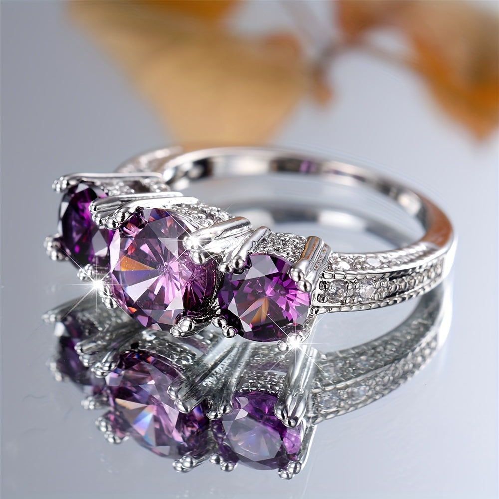 Vintage Style Three Stone Purple Round Zirconia Ring