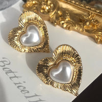 Vintage Gold Plated Faux Pearl Inlay Heart Shaped Stud Earrings