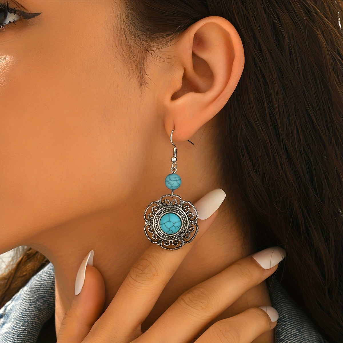 Vintage Boho Faux Turquoise Flower Drop Earrings