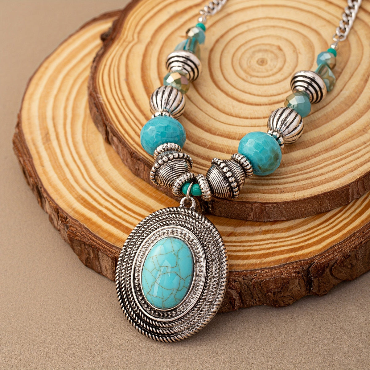 Bohemian Oval Turquoise Beaded Pendant Necklace