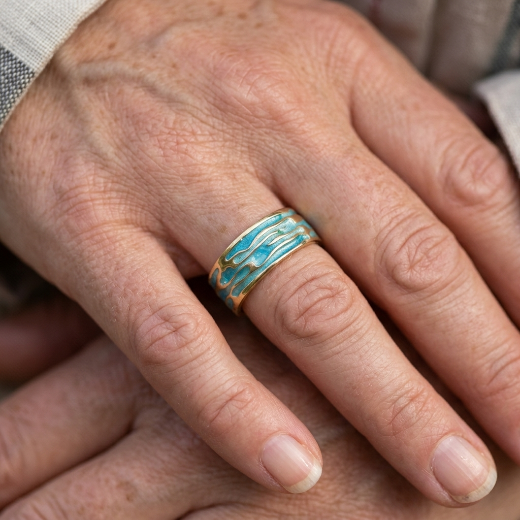 Vintage Boho Blue Ocean Gold Accent Adjustable Ring