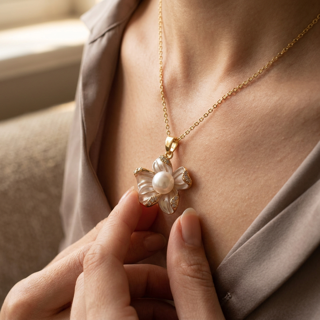 French Enamel Zirconia Flower Pendant Necklace