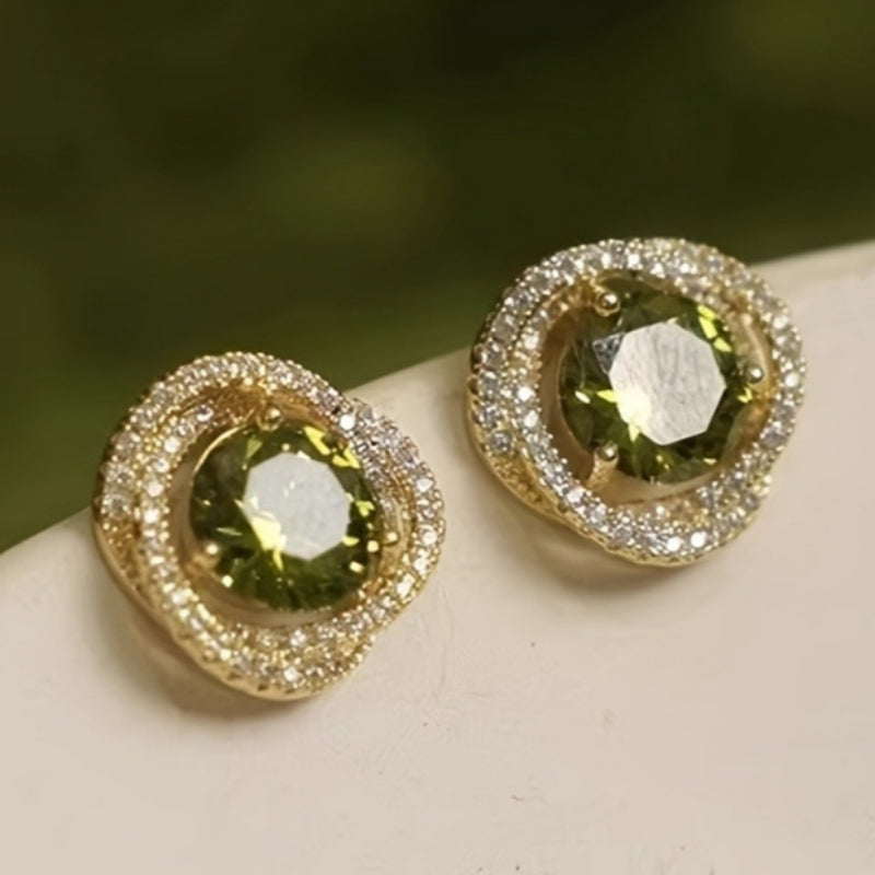 Vintage Green Zirconia Double Halo Flower Stud Earrings