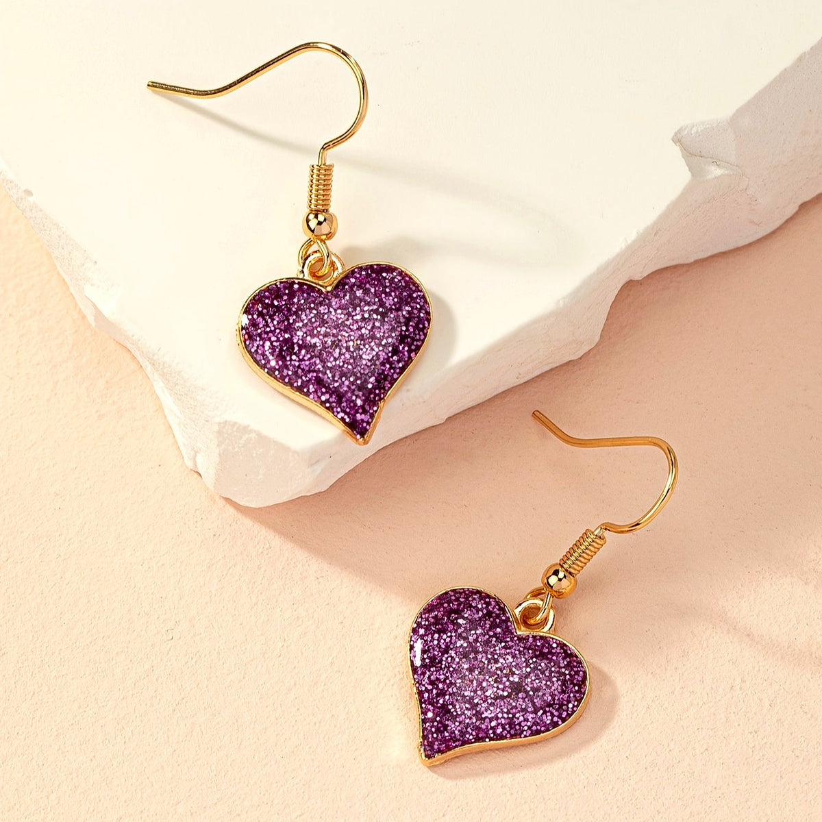 Elegant Purple Fine Glitter Drip Oil Heart Earrings