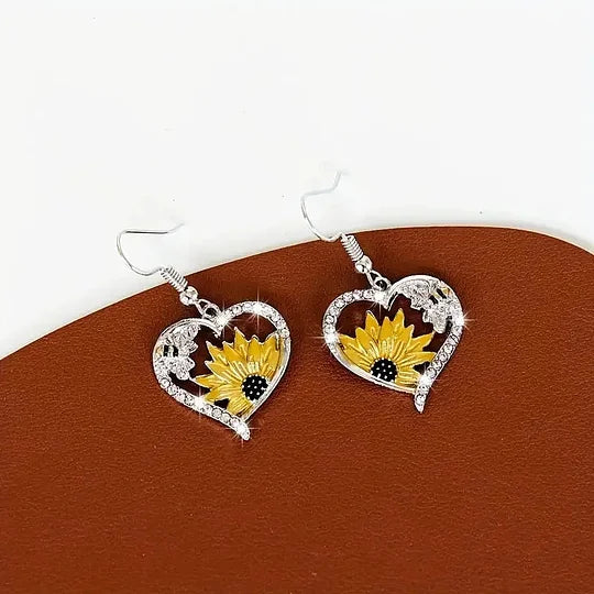 Vintage Sunflower Bee Heart Dangle Earrings