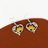 Vintage Sunflower Bee Heart Dangle Earrings
