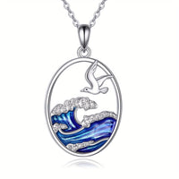 Sterling Silver Ocean Wave & Seagull Pendant Necklace