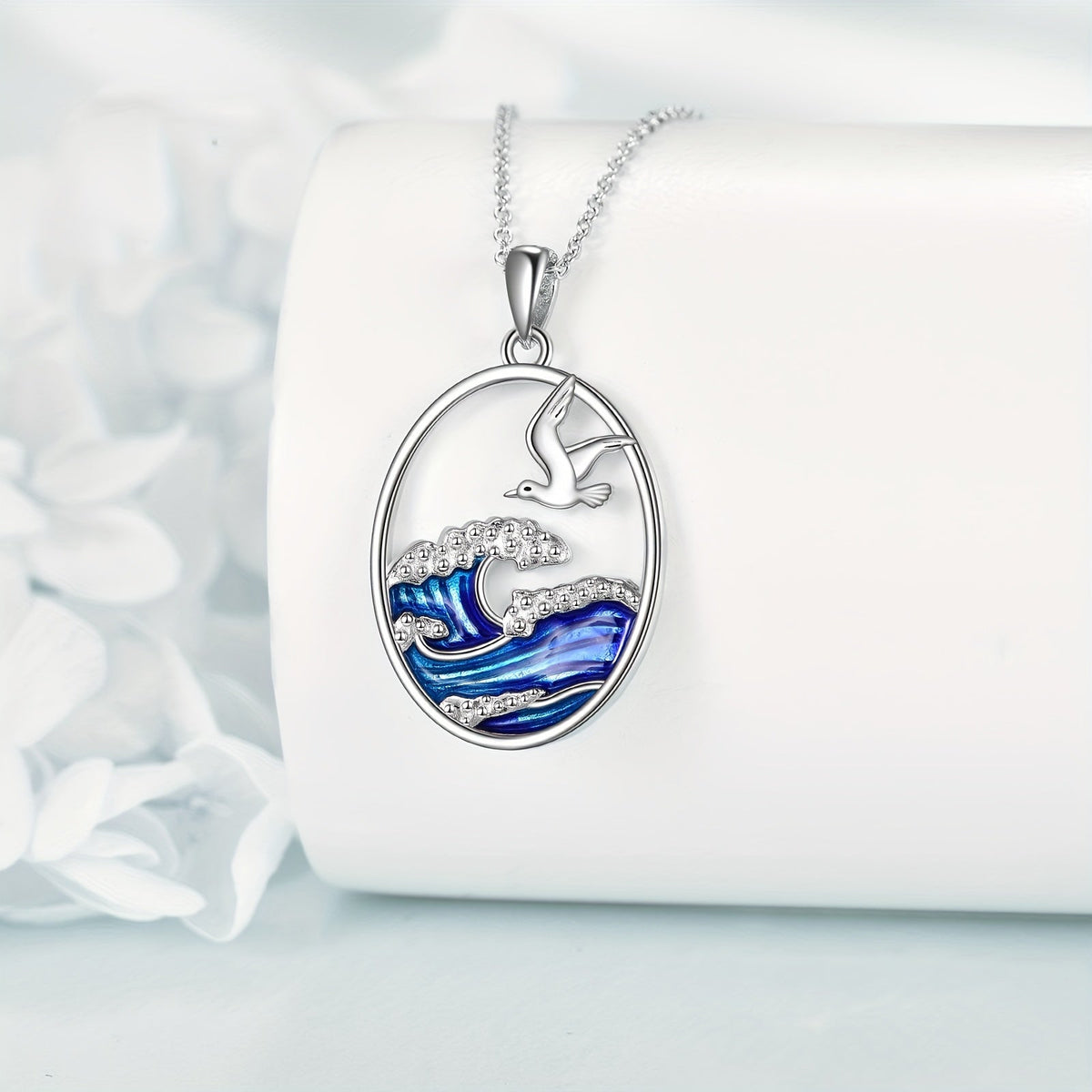 Sterling Silver Ocean Wave & Seagull Pendant Necklace