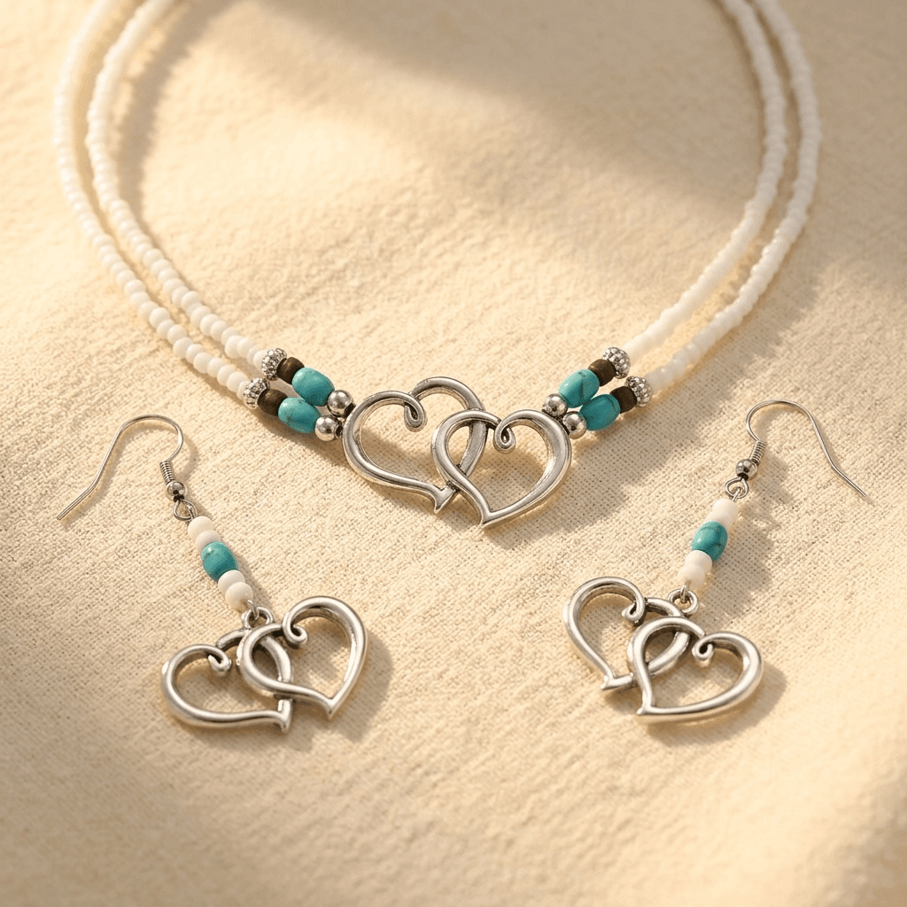 Double Layer Beaded Heart Charm Necklace And Bracelet Set