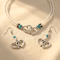 Double Layer Beaded Heart Charm Necklace And Bracelet Set