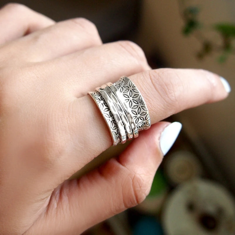 Vintage Boho Floral Wide Silver Plated Ring