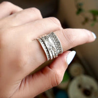 Vintage Boho Floral Wide Silver Plated Ring