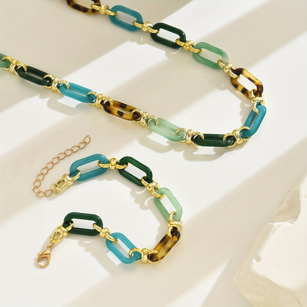 Multicolor Resin Link Necklace Bracelet Set