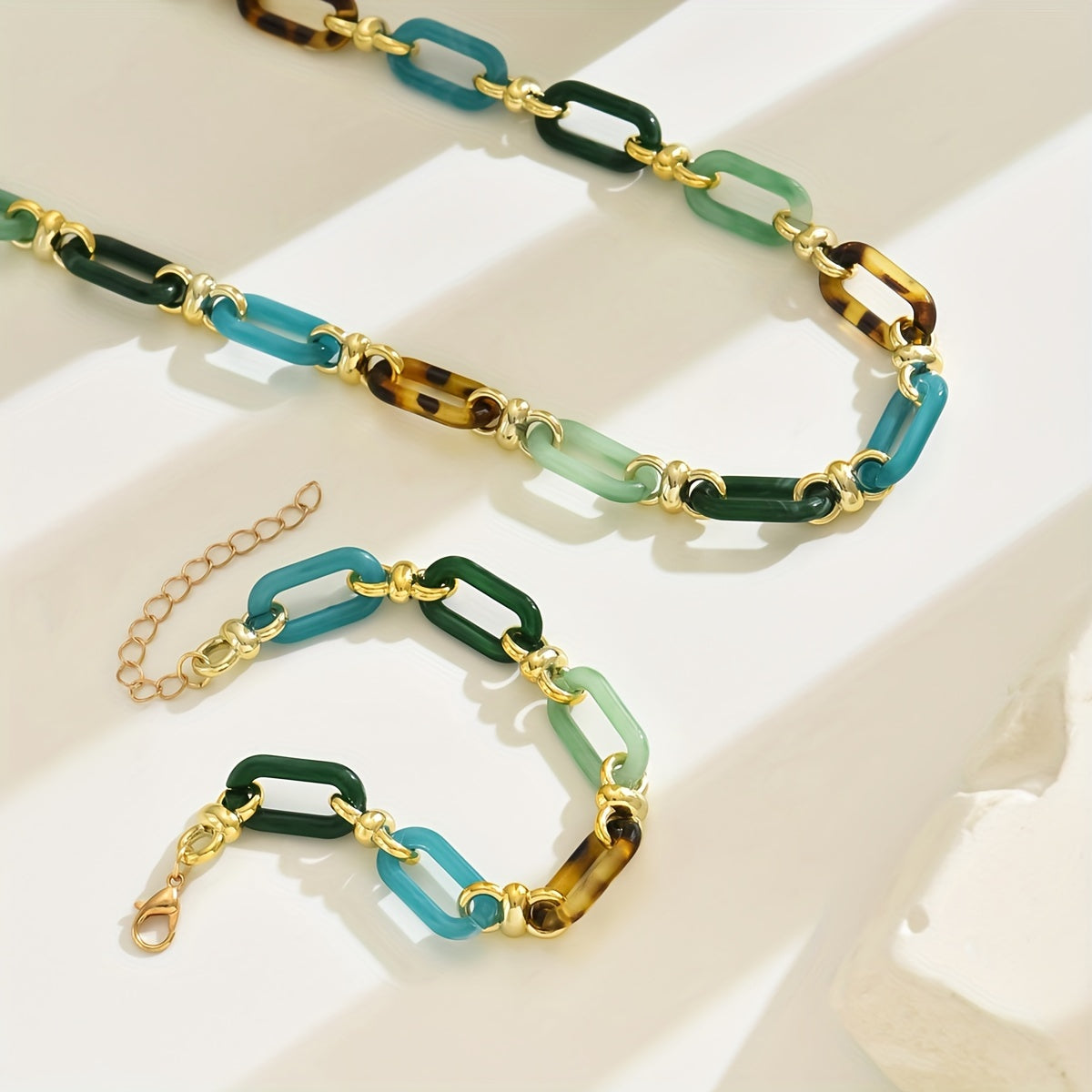 Multicolor Resin Link Necklace Bracelet Set