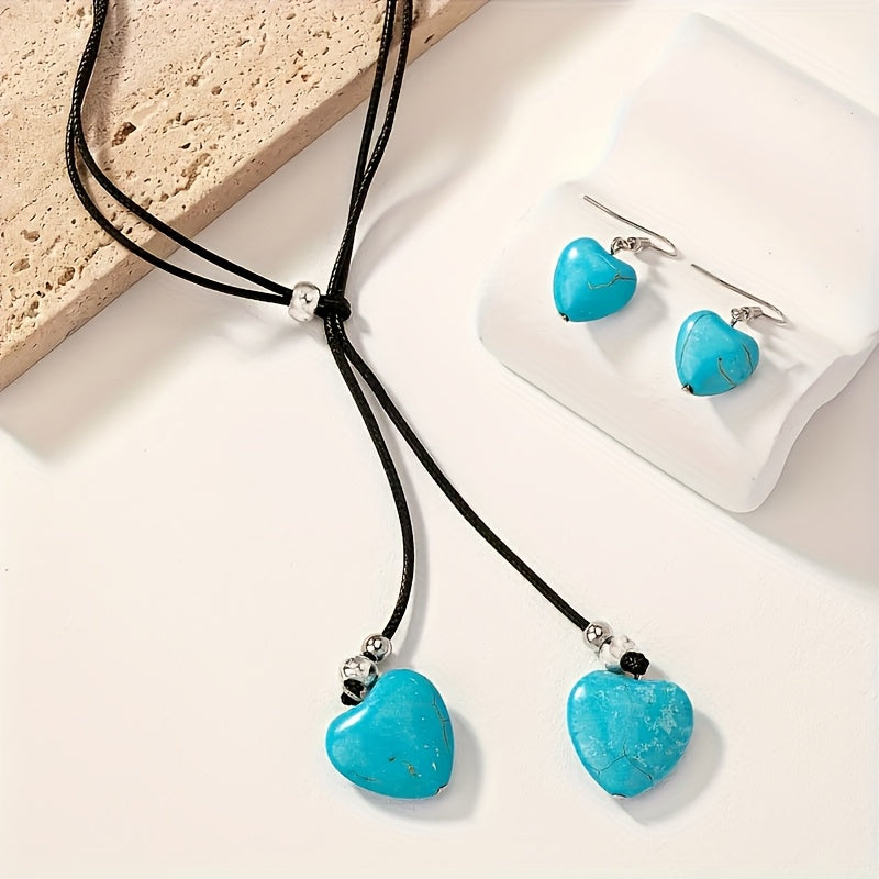 Vintage Bohemian Style Turquoise Heart Necklace and Earring Set