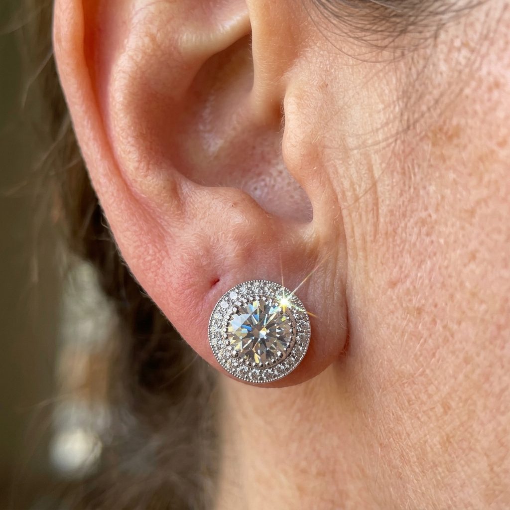 Round Cut Moissanite Halo Stud Earrings