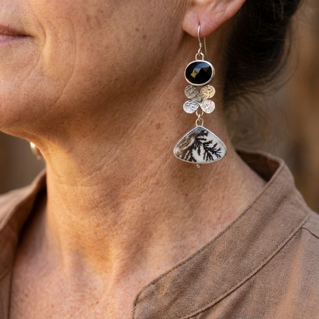 Nature-Inspired Asymmetrical Dendrite Agate Garden Earrings
