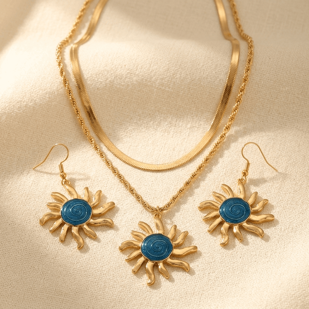 Sun Themed Earrings And Double Layer Necklace Set