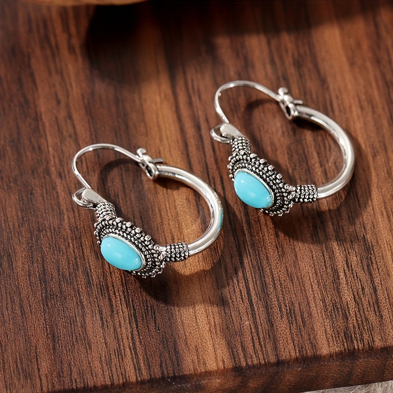 Vintage Retro Style Elongated Turquoise Round Splicing Earrings
